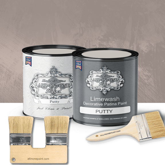Heirloom Traditions ALL-IN-ONE Limewash Paint, 2 Quart Paint Bundle and Tool Kit - Faux Lime Wash Effect, Matte Suede Wall Treatment - Putty (light taupe)