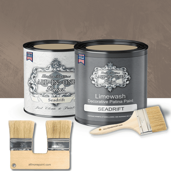 Heirloom Traditions ALL-IN-ONE Limewash Paint, 2 Quart Paint Bundle and Tool Kit - Faux Lime Wash Effect, Matte Suede Wall Treatment - Seadrift (warm, earthy tan)