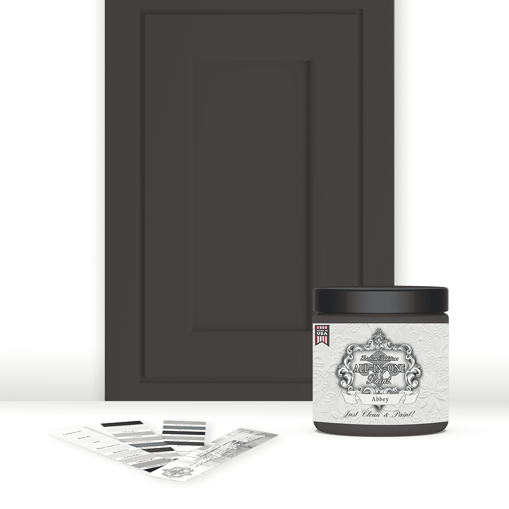 ALL-IN-ONE Paint by Heirloom Traditions, Abbey (Warm Gray), 8oz Sample - Durable cabinet and furniture paint. Built in primer and top coat, no sanding needed. Includes our 30 featured color card.
