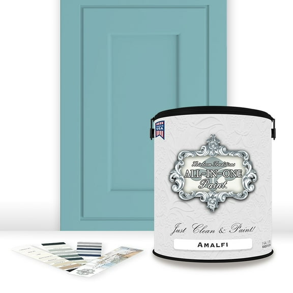 ALL-IN-ONE Paint, Durable cabinet and furniture paint. Built in primer and top coat, no sanding needed. Includes our 30 featured color card - Amalfi (blue aqua), Gallon