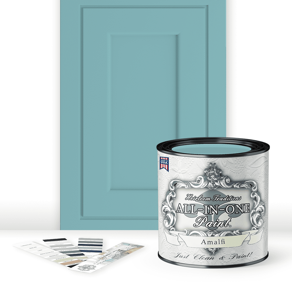 ALL-IN-ONE Paint by Heirloom Traditions, Amalfi (Agua Blue), Quart - Durable cabinet and furniture paint. Built in primer and top coat, no sanding needed. Includes our 30 featured color card.