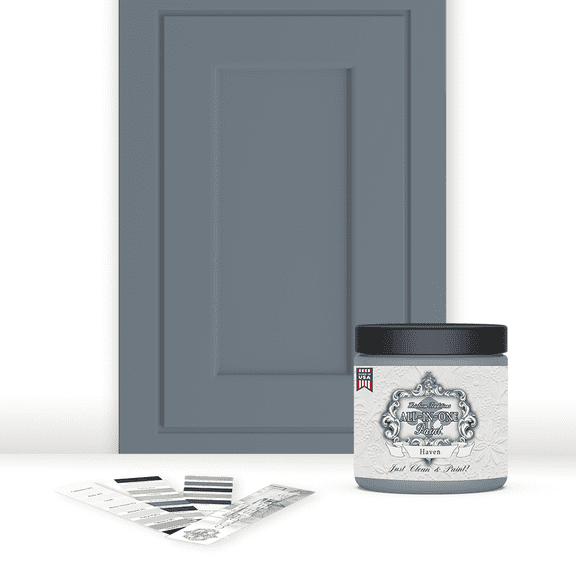 ALL-IN-ONE Paint by Heirloom Traditions, Haven (Heather Blue), 8oz Sample - Durable cabinet and furniture paint. Built in primer and top coat, no sanding needed. Includes our 30 featured color card.