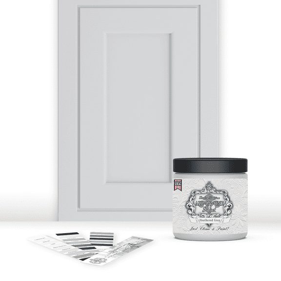 ALL-IN-ONE Paint, Heathered Gray (light cool gray), 8oz Sample - Durable cabinet and furniture paint. Built in primer and top coat, no sanding needed. Includes our 30 featured color card.