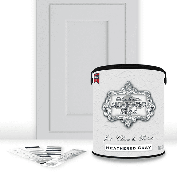 ALL-IN-ONE Paint, Heathered Gray (light cool gray), Gallon - Durable cabinet and furniture paint. Built in primer and top coat, no sanding needed. Includes our 30 featured color card.