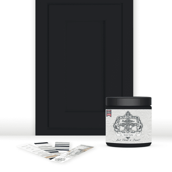 ALL-IN-ONE Paint, Durable cabinet and furniture paint. Built in primer and top coat, no sanding needed. Includes our 30 featured color card - Iron Gate (black), 8oz Sample