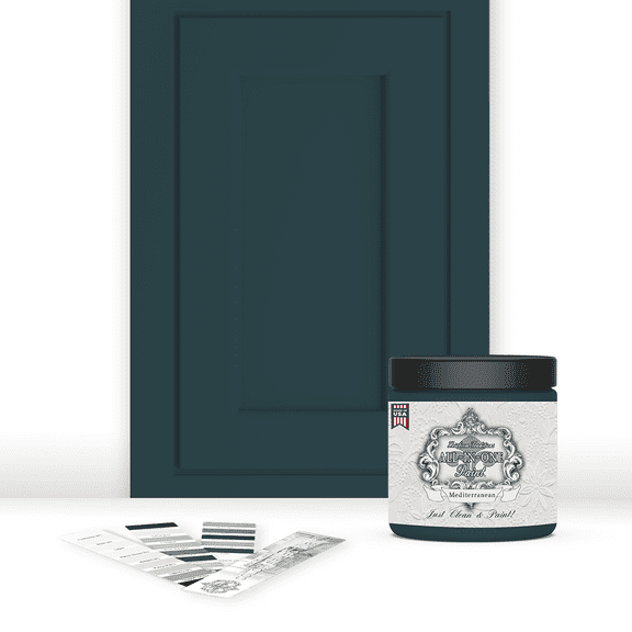 ALL-IN-ONE Paint, Mediterranean (blue teal), 8oz Sample - Durable cabinet and furniture paint. Built in primer and top coat, no sanding needed. Includes our 30 featured color card.