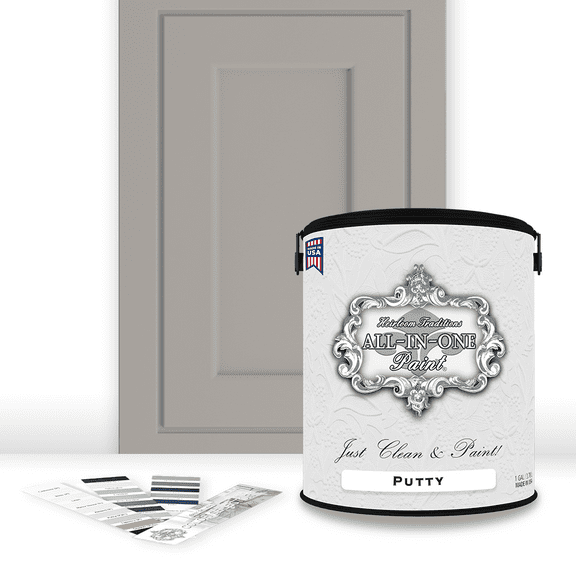 Heirloom Traditions ALL-IN-ONE Paint, Putty (light taupe), Gallon - Durable cabinet and furniture paint. Built in primer and top coat, no sanding needed. Includes our 30 featured color card.