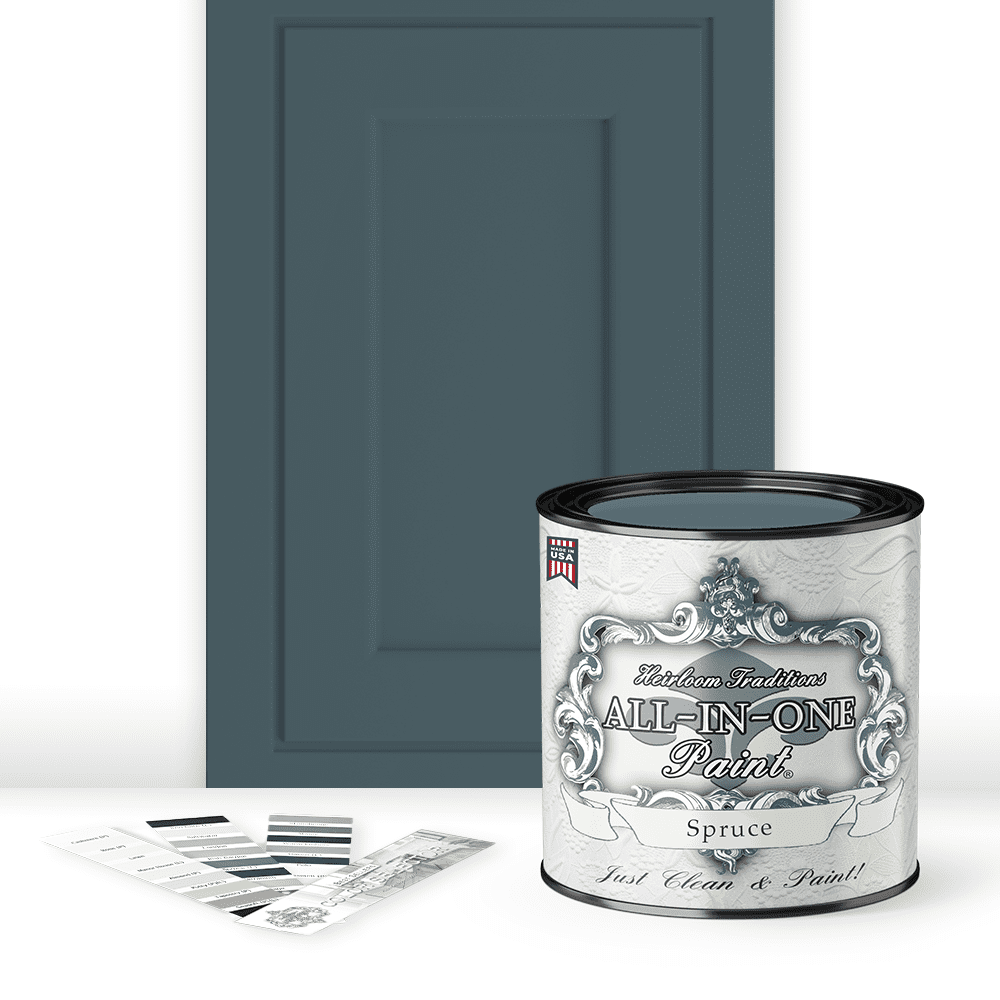 ALL-IN-ONE Paint by Heirloom Traditions, Spruce (Muted Blue Green), Quart - Durable cabinet and furniture paint. Built in primer and top coat, no sanding needed. Includes our 30 featured color card.
