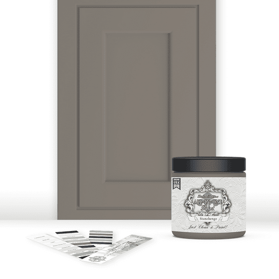 ALL-IN-ONE Paint, Stonehenge (mid-tone greige), 8oz Sample - Durable cabinet and furniture paint. Built in primer and top coat, no sanding needed. Includes our 30 featured color card.