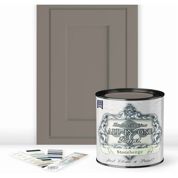 ALL-IN-ONE Paint, Durable cabinet and furniture paint. Built in primer and top coat, no sanding needed. Includes our 30 featured color card - Stonehenge, Quart