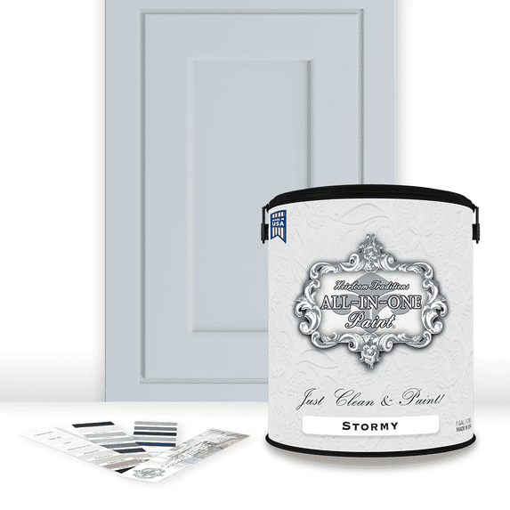 ALL-IN-ONE Paint by Heirloom Traditions, Stormy (Pastel Blue), Gallon - Durable cabinet and furniture paint. Built in primer and top coat, no sanding needed. Includes our 30 featured color card.