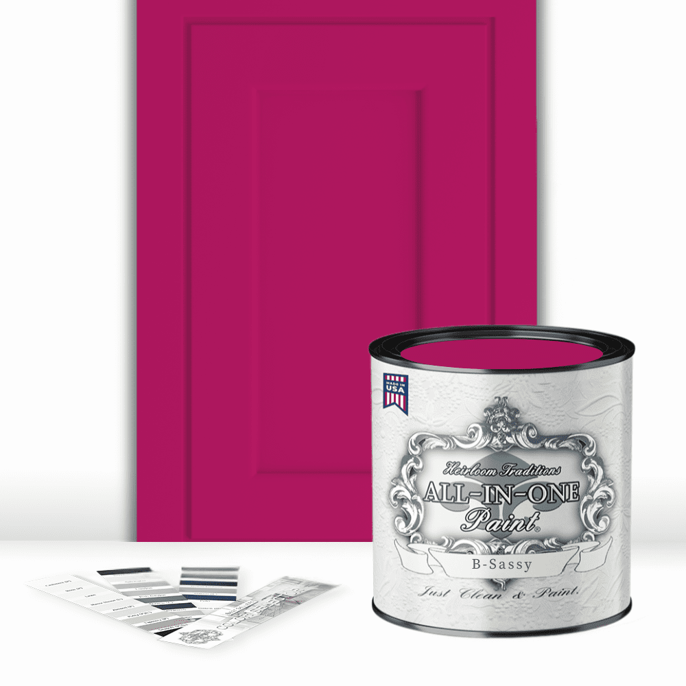 ALL-IN-ONE Paint by Heirloom Traditions, B-Sassy (Rich Raspberry), Quart - Durable cabinet and furniture paint. Built in primer and top coat, no sanding needed. Includes our 30 featured color card.