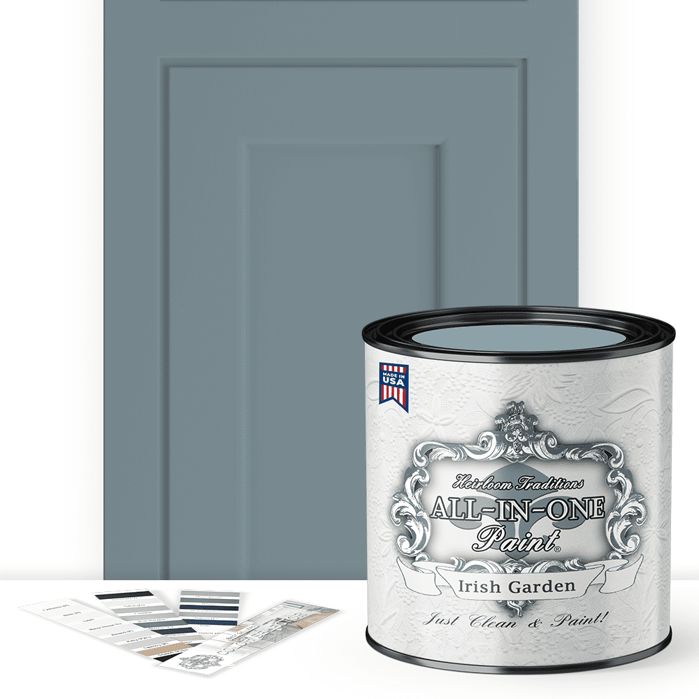 ALL-IN-ONE Paint, Durable cabinet and furniture paint. Built in primer and top coat, no sanding needed. Includes our 30 featured color card - Irish Garden (blue green), Quart