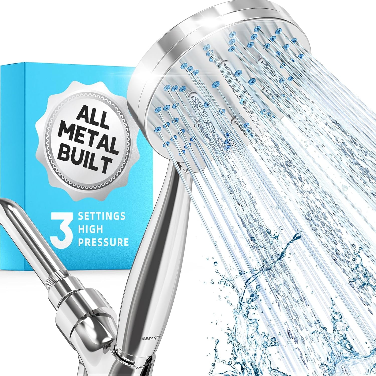 All Metal 3 Settings Handheld Shower Head With Hose And Brass Holder 