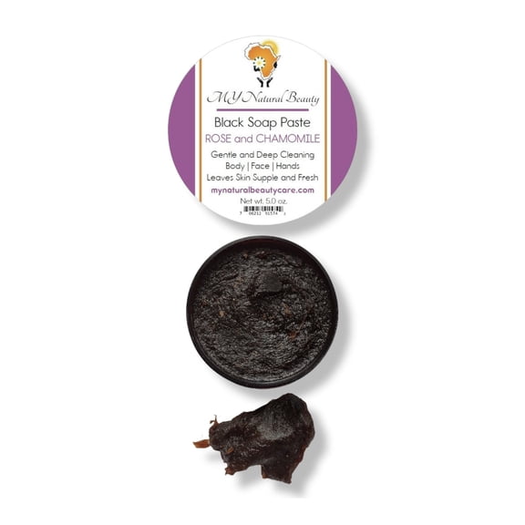 ALL-NATURAL Paste Black Soap made with ROSE and CHAMOMILE | Deep Cleans Skin | Good for Dry and Sensitive Skin | Irritable and Inflamed Acne | Eczema and Rosacea | Face & Body | 5.5 oz. jar