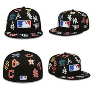 ALL NEW Baseball Teams Patch Logos All-Over Fitted Hat- Black