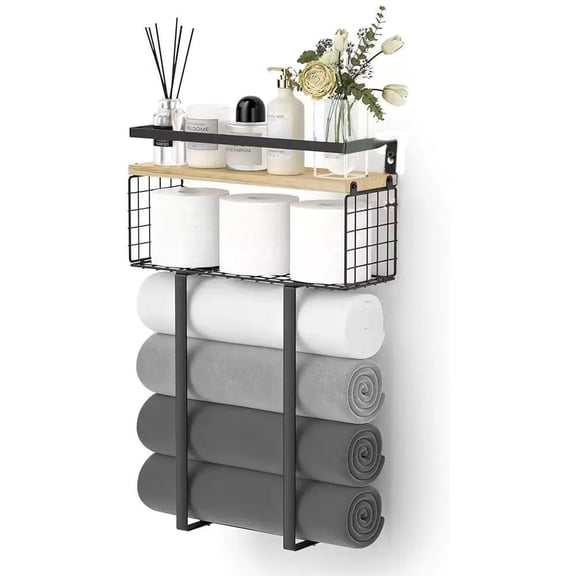 ALL SEASONS HOME Bathroom Towel Rack - Metal Holder with Wooden Shelf, Space-Saving Storage Organizer for Small Bathrooms