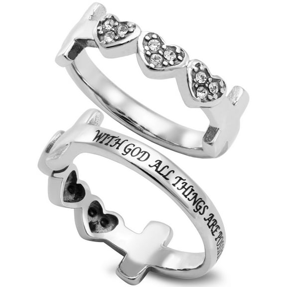 ALL THINGS ARE POSSIBLE Three Heart Ring with Cross, Stainless Steel