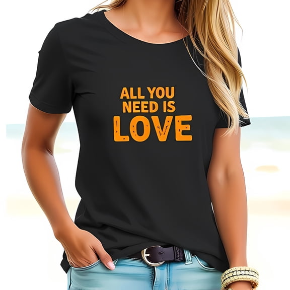 ALL YOU NEED IS LOVE Cotton Short Sleeve T-Shirt for Women - Relaxed Fit with Bold Orange Graphic Design - Perfect Casual Beachwear