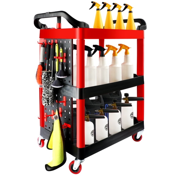 ALL4DETAIL Auto Detailing Cart with Wheels, 3 Tier Car Detailing Cart with Hanging Boards & Hooks, Car Wash Organizer for Garage Workshop DIY Home