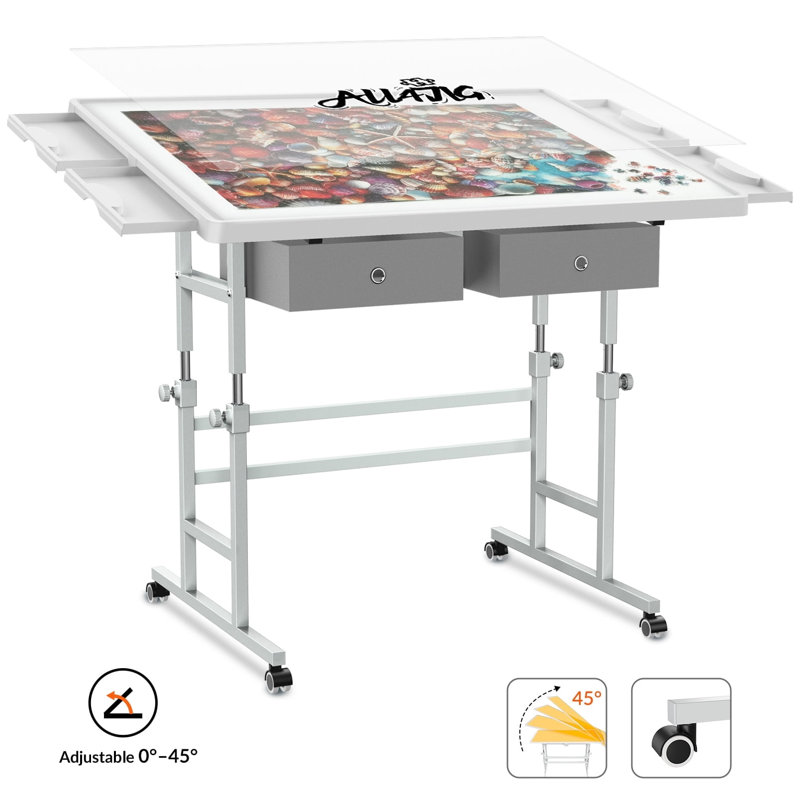 1500 Piece Light-Weight Adjustable Tilting Plastic Jigsaw Puzzle Table for Adults, 35"x26" Multi-Functional Puzzle Board with 4 Drawers & Protective Cover, 45-Degree Any-Angle Tilt