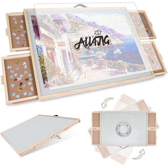 ALL4JIG 2-in-1 Tilting Rotating Jigsaw Puzzle Board Portable with 4 Drawers Lazy Susan Cover 1500 Pieces Wooden for Adults 25.2 x 34.2 Inch