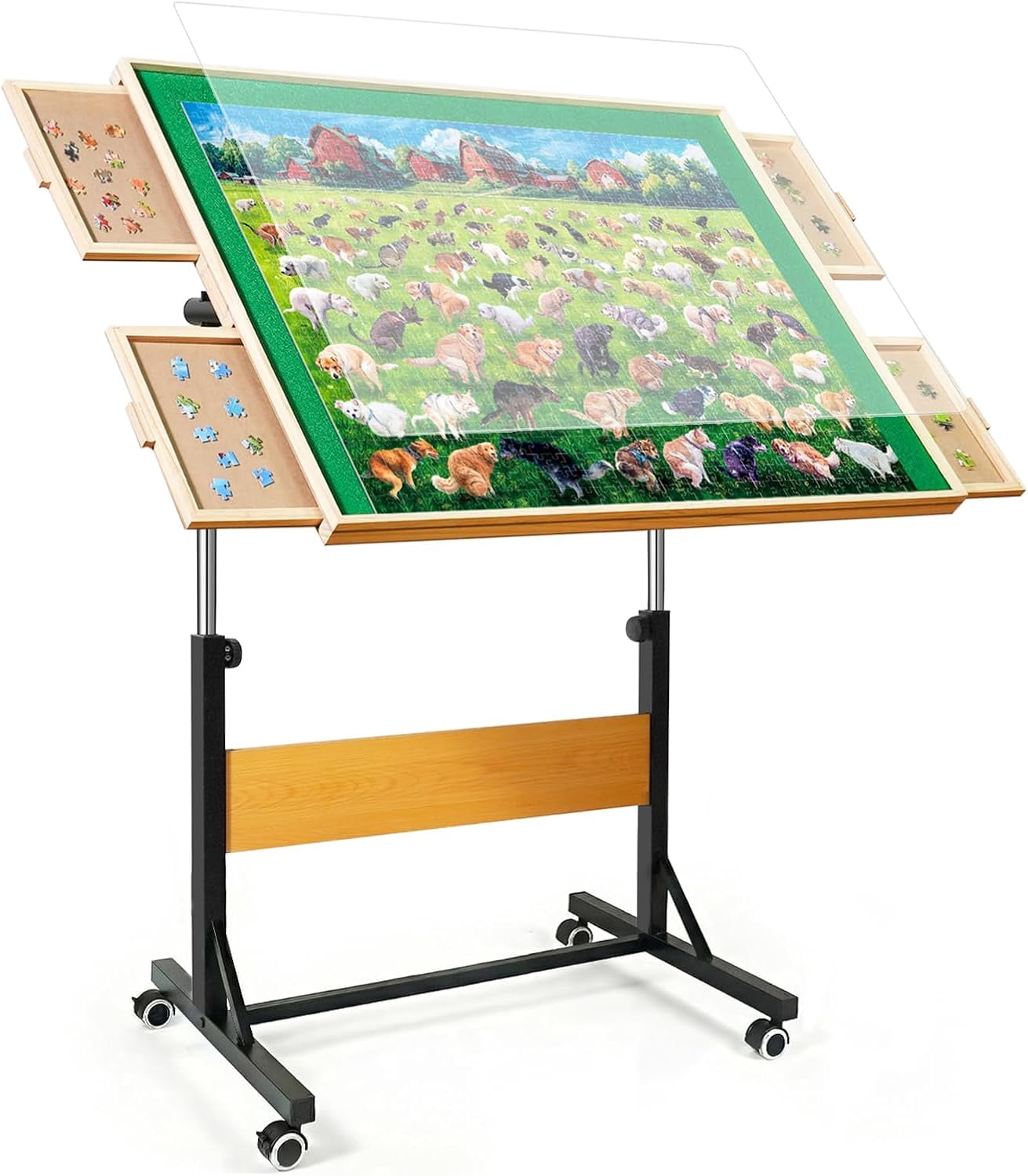 1500 Pieces Puzzle Table with Legs and Wheels, Wooden Jigsaw Puzzle Table with 4 Drawers & Cover, Upgraded Stability & Optimized Lightweight Design, Puzzles for Adults