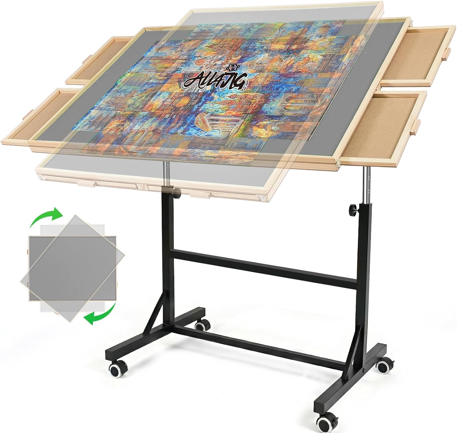1500 Pieces Puzzle Table with Legs and Wheels, Wooden Jigsaw Puzzle Table with 4 Drawers & Cover,Upgraded Stability & Optimized Lightweight Design,Vertical Placement Option