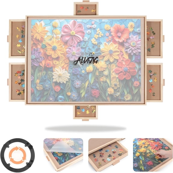 1500 Pieces Rotating Puzzle Board with 6 Drawers and Cover,25"x34"Portable Wooden Jigsaw Puzzle Table for Adults,Lazy Susan Spinning Puzzle Boards Birthday Gift for mom