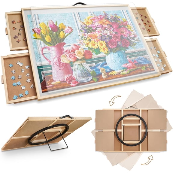 2000 Pieces 2-in-1 Tilting & Rotating Puzzle Board, 40.16" x 28.5"Adjustable Angle Puzzle Board with 4 Drawers & Clear Protective Cover, Birthday Gift for mom