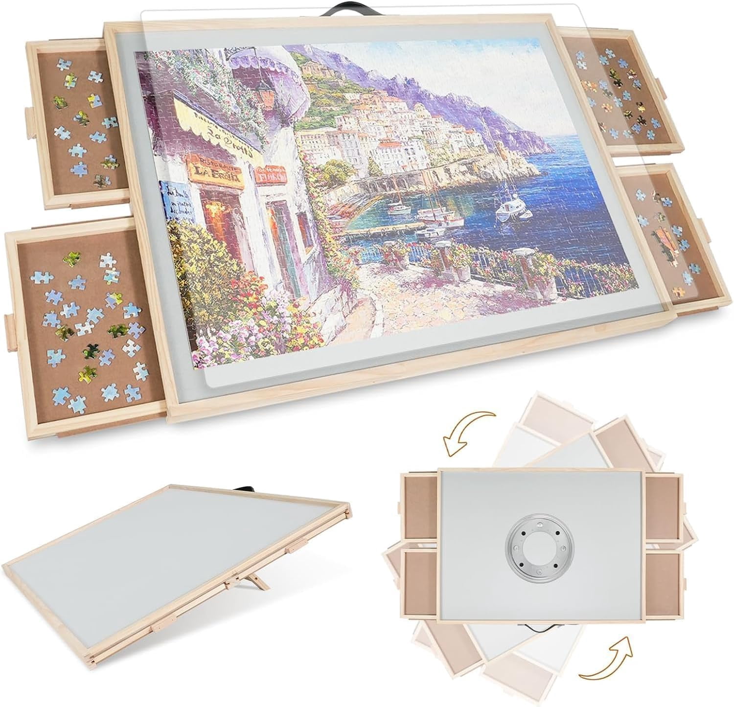 2000 Pieces 2-in-1 Tilting & Rotating Puzzle Board for Adults Gifts, Wooden Jigsaw Puzzle Table with 4 Drawers, 28.5" x 40.1" Portable Board with Lazy Susan and Cover