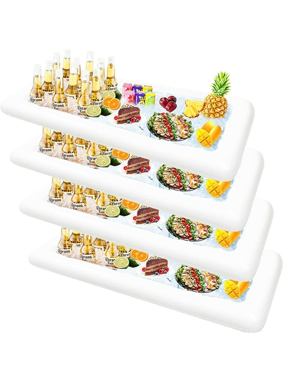 ALLADINBOX 4 Pack Inflatable Serving Bar, Ice Serving Buffet Salad Cooler Food Fruit Drink Containers with Drain Plug, Floating Tray Beverage BBQ Picnic Pool Party Supplies Inflatable Cooler, White