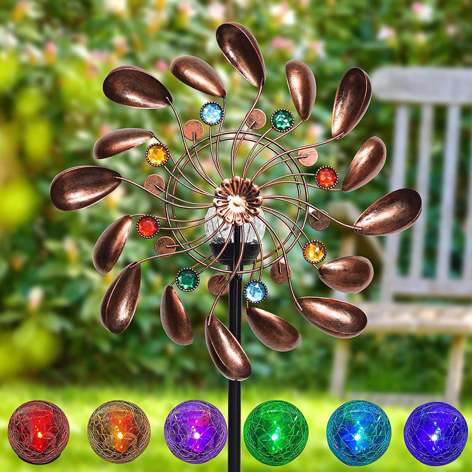 ALLADINBOX 57 Inch Solar Wind Spinner, Glass Ball Windmill Sculpture