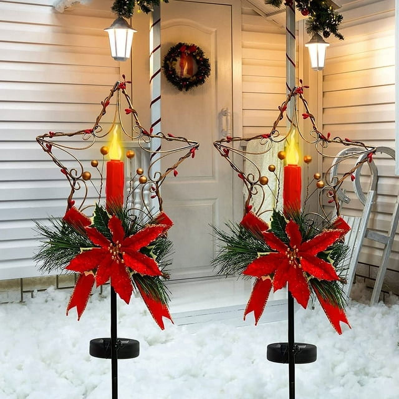 ALLADINBOX 2 Pack Solar LED Christmas Yard Stakes with Poinsettia, Gold