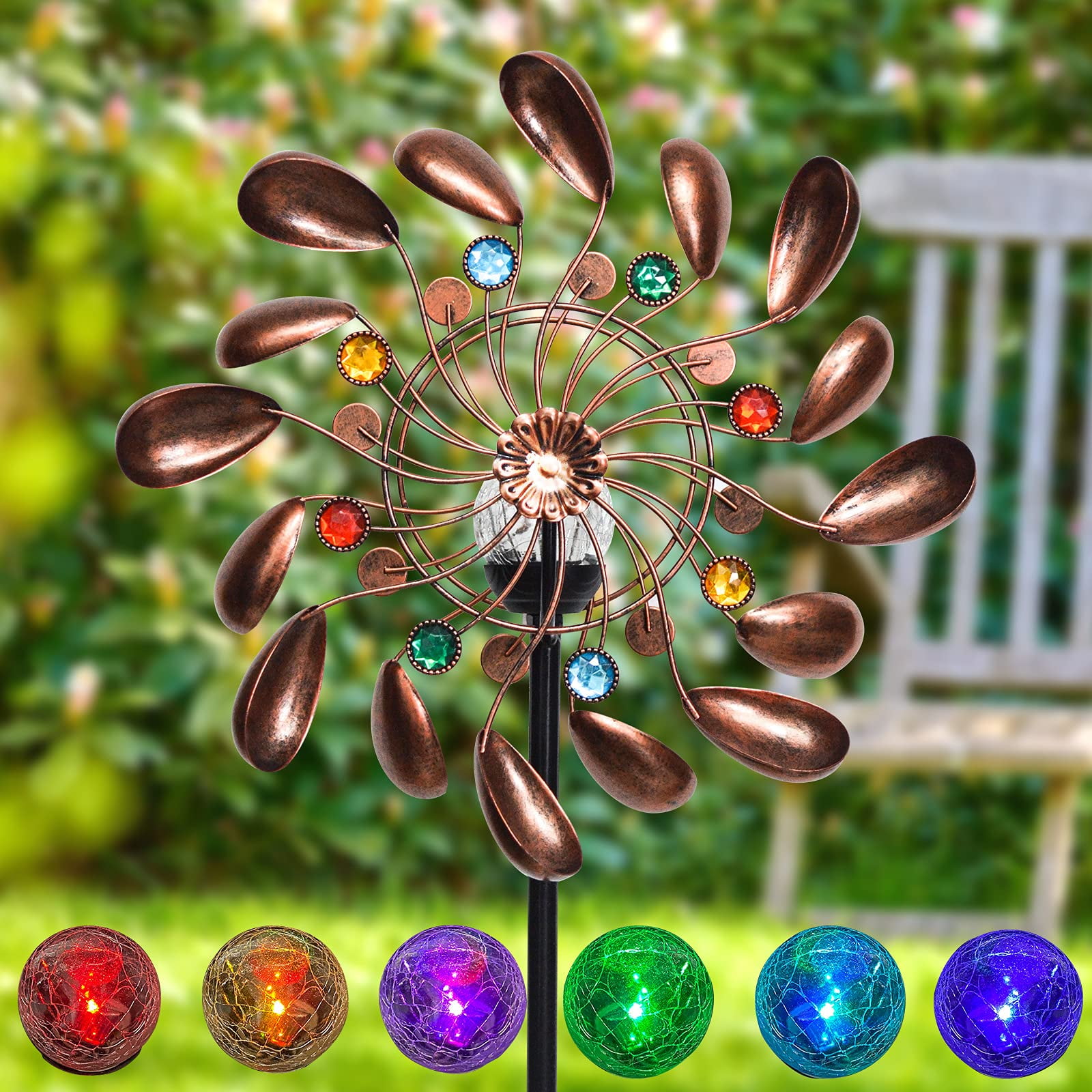 ALLADINBOX Solar Wind Spinner 57in Bronze Metal with LED Changing Solar