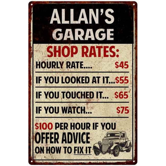 ALLAN'S Garage Shop Rates Sign Man Cave Décor Gift 12x18 Metal 112180010253