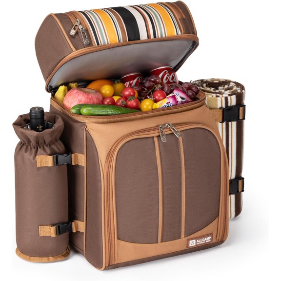 ALLCAMP Picnic Backpack - Insulated Cooler Bag with Compartment, Detachable Wine Glass Holder, Throw Blanket & Cutlery Set,2 Person Picnic Set for Family Outings, Couple Gifts (Brown)