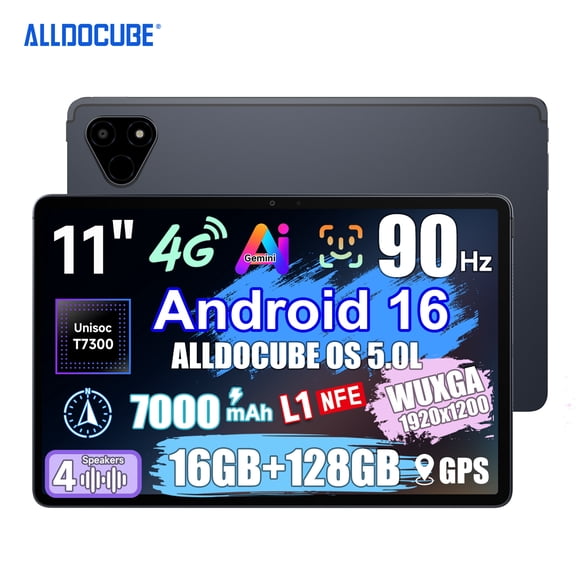 ALLDOCUBE iPlay 70E (2026 Model Android 16) Tablet, 11-Inch, Unisoc T7300, 16GB + 128GB + 1TB Expansion, 90 Hz, 1920 x 1200, WUXGA Widevine L1, 4G, LTE, SIM-FREE, Call Compatible, Wi-Fi 6