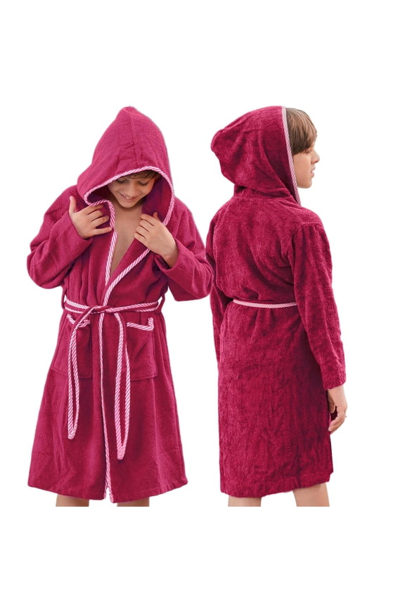 ALLEN & MATE 100% COTTON Kids Bathrobe with Piping – Safety Certified, Medium Lightweight, Quick Absorbent for Boys & Girls (Pink, 11-12 Years)