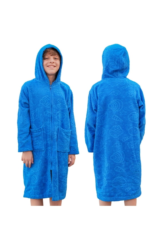 ALLEN & MATE 100% Cotton Hooded Kids Bathrobe with Zipper, 380 GSM Safety Certified Quick Dry Changing Robe for Boys & Girls