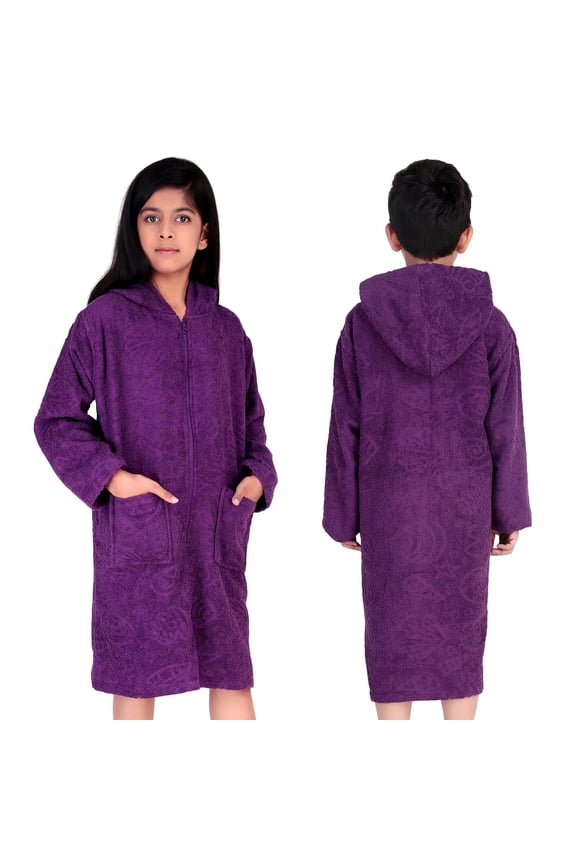 ALLEN & MATE 100% Cotton Hooded Kids Bathrobe with Zipper, 380 GSM Safety Certified Quick Dry Changing Robe for Boys & Girls