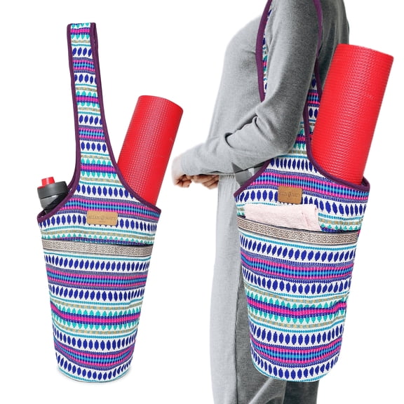 ALLEN & MATE 100% Cotton Unisex Yoga Mat Bag  Versatile Carrier with Mat Straps, Large Storage Pockets Fits Yoga & Pilates Mats (Blue Stripe)