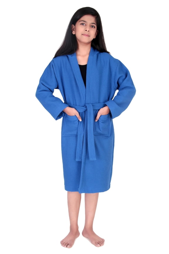 ALLEN & MATE 100% Cotton Waffle Hooded Kids Bathrobe – Safety Certified, Soft, Medium Lightweight & Quick Absorbent Changing Robe for Boys & Girls