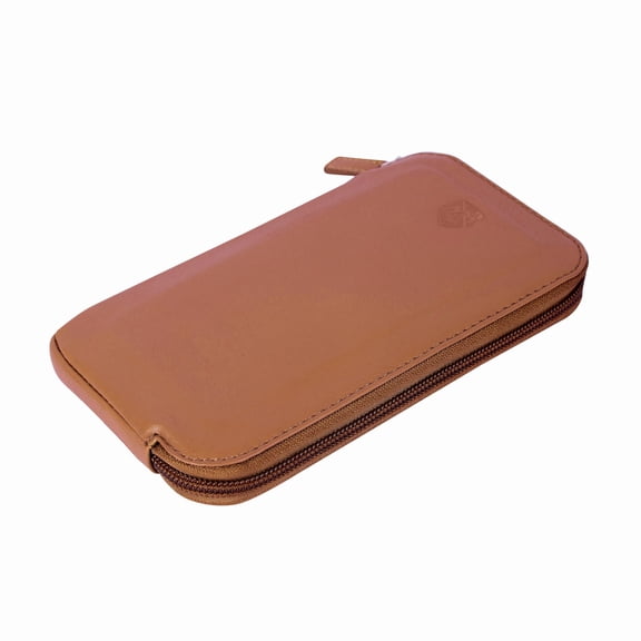 ALLEN & MATE Genuine Leather Phone Pouch Case Sleeve with Zip – Slim Mobile Phone Holder Wallet for Passport ID and Cards Fits iPhone 17 Pro Max, 16, 15 Samsung Galaxy S25 & Android - Tan