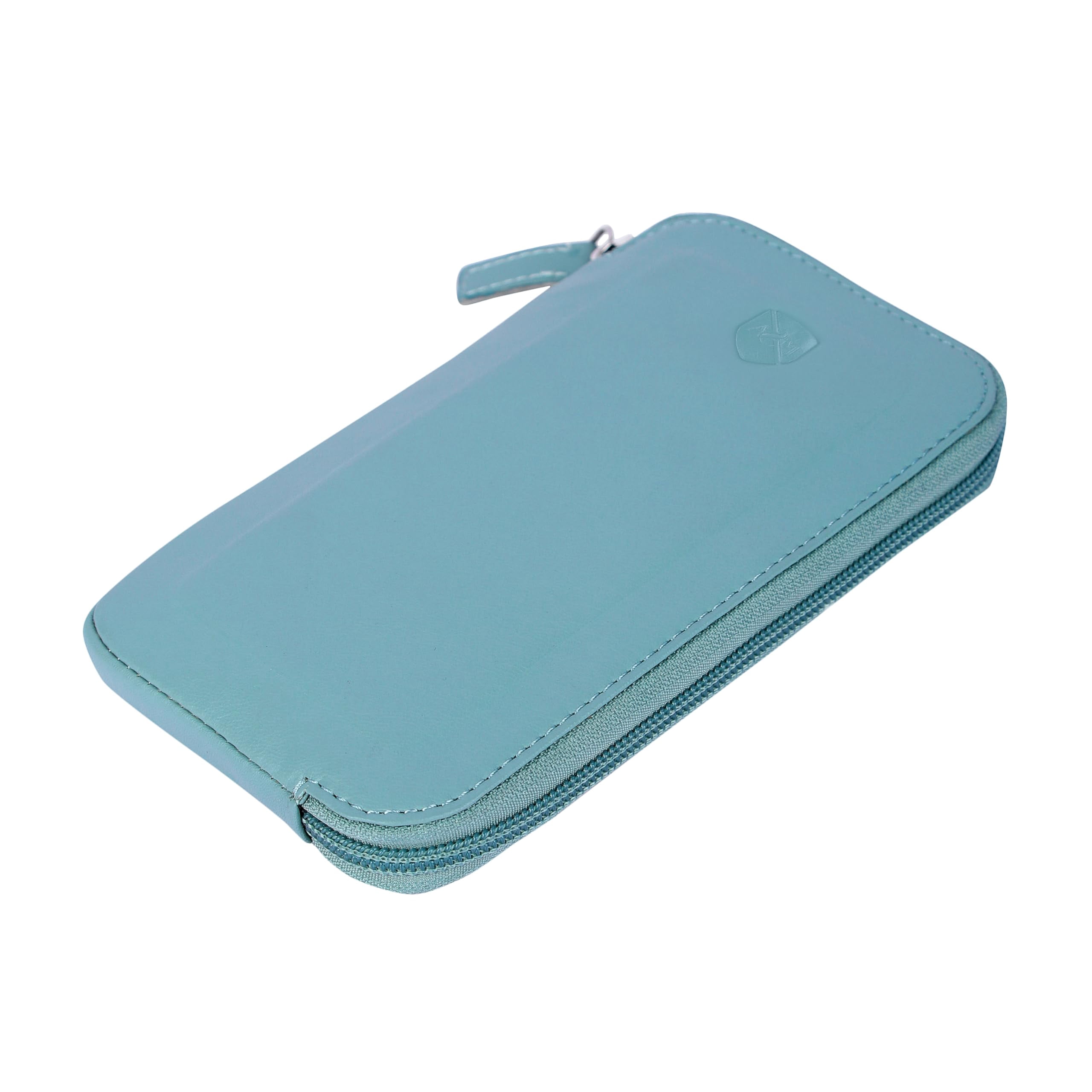 ALLEN & MATE Genuine Leather Phone Pouch Case Sleeve with Zip – Slim Mobile Phone Holder Wallet for Passport ID and Cards Fits iPhone 17 Pro Max, 16, 15 Samsung Galaxy S25 & Android - Lagoon