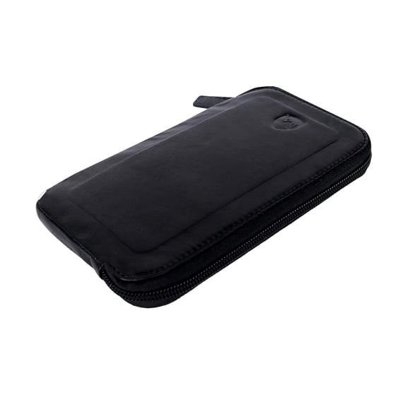 ALLEN & MATE Genuine Leather Phone Pouch Case Sleeve with Zip – Slim Mobile Phone Holder Wallet for Passport ID and Cards Fits iPhone 17 Pro Max, 16, 15 Samsung Galaxy S25 & Android - Black