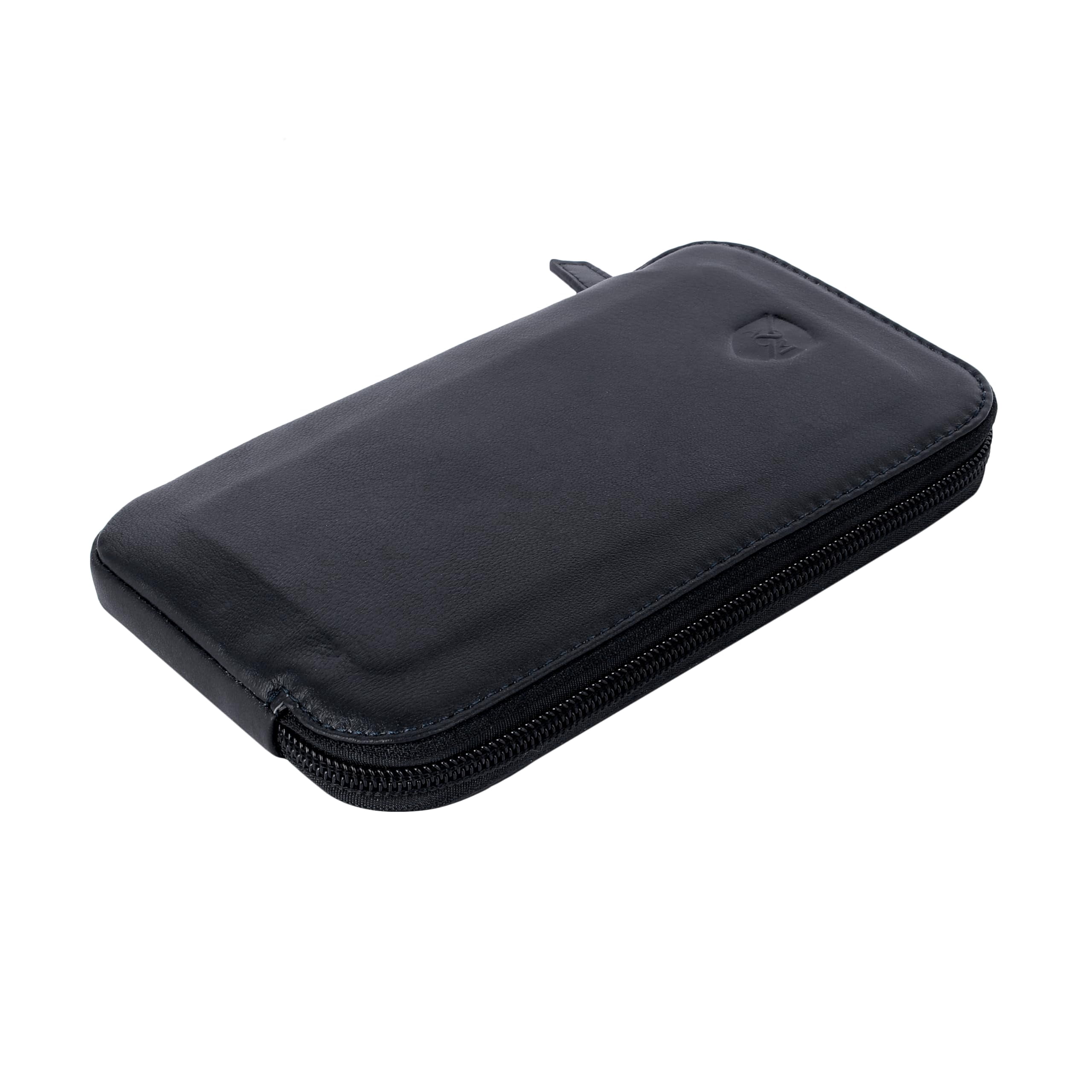 ALLEN & MATE Genuine Leather Phone Pouch Case Sleeve with Zip – Slim Mobile Phone Holder Wallet for Passport ID and Cards Fits iPhone 17 Pro Max, 16, 15 Samsung Galaxy S25 & Android - Navy Blue
