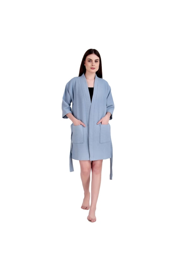 ALLEN & MATE Women’s Short Spa Bathrobe – Lightweight Waffle & Terry Quick-Dry Kimono Robe, Soft Ladies Dressing Gown - Baby Blue