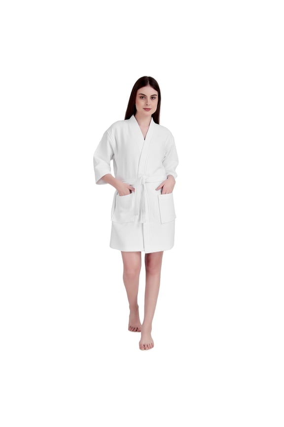 ALLEN & MATE Women’s Short Spa Bathrobe – Lightweight Waffle & Terry Quick-Dry Kimono Robe, Soft Ladies Dressing Gown - White