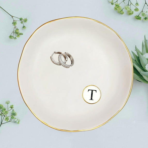 ALLEYWELLS Jewelry Tray Initial, Ceramic Decor Dish for Bracelet Necklaces Rings Earrings Watch Keys, Birthday Gifts for Women